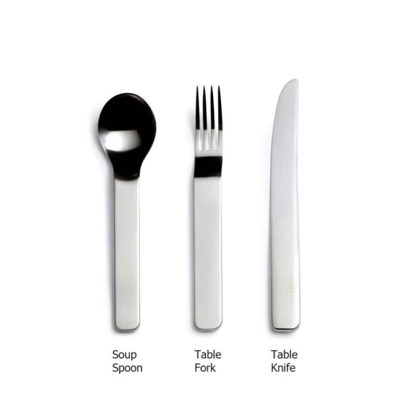 David Mellor Minimal Stainless Steel Cutlery 3 Piece Set annotated