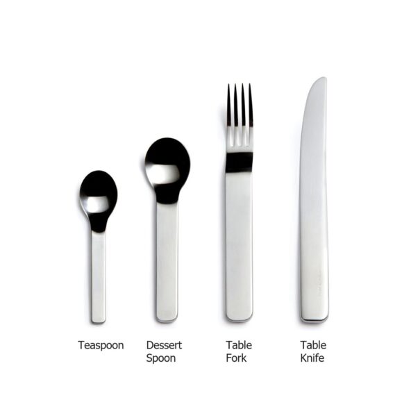 David Mellor Minimal Stainless Steel Cutlery 4 Piece Set annotated