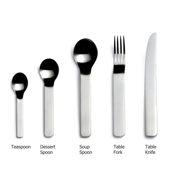 David Mellor Minimal Stainless Steel Cutlery 5 Piece Set annotated