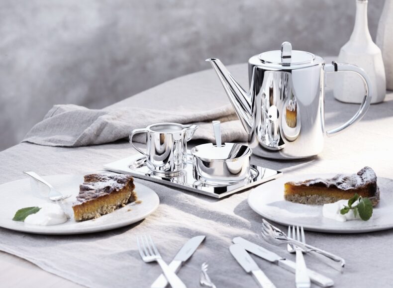 R&B Alta Silver Teapot Table Setting