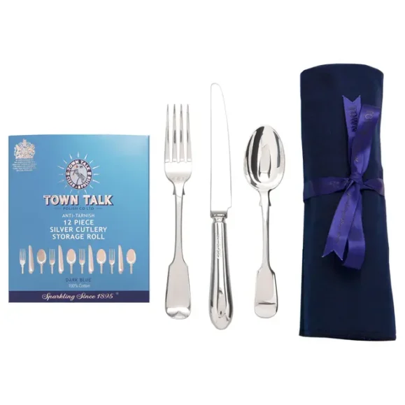 TT392 12 Piece Silver Cutlery Roll Dark Blue Rolled