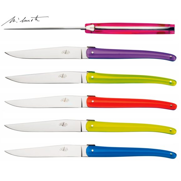 Jean Michel Wilmotte Steak Knives with multi colour handles by Forge de Laguiole